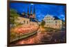 Sweden, Central Sweden, Uppsala, Domkyrka Cathedral with riverfront cafe, dusk-Walter Bibikow-Framed Photographic Print