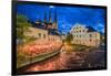 Sweden, Central Sweden, Uppsala, Domkyrka Cathedral with riverfront cafe, dusk-Walter Bibikow-Framed Photographic Print