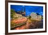 Sweden, Central Sweden, Uppsala, Domkyrka Cathedral with riverfront cafe, dusk-Walter Bibikow-Framed Photographic Print