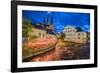 Sweden, Central Sweden, Uppsala, Domkyrka Cathedral with riverfront cafe, dusk-Walter Bibikow-Framed Photographic Print