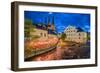 Sweden, Central Sweden, Uppsala, Domkyrka Cathedral with riverfront cafe, dusk-Walter Bibikow-Framed Photographic Print