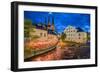 Sweden, Central Sweden, Uppsala, Domkyrka Cathedral with riverfront cafe, dusk-Walter Bibikow-Framed Photographic Print