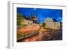 Sweden, Central Sweden, Uppsala, Domkyrka Cathedral with riverfront cafe, dusk-Walter Bibikow-Framed Photographic Print