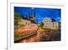 Sweden, Central Sweden, Uppsala, Domkyrka Cathedral with riverfront cafe, dusk-Walter Bibikow-Framed Photographic Print