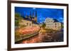 Sweden, Central Sweden, Uppsala, Domkyrka Cathedral with riverfront cafe, dusk-Walter Bibikow-Framed Photographic Print