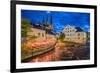 Sweden, Central Sweden, Uppsala, Domkyrka Cathedral with riverfront cafe, dusk-Walter Bibikow-Framed Photographic Print