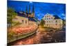 Sweden, Central Sweden, Uppsala, Domkyrka Cathedral with riverfront cafe, dusk-Walter Bibikow-Mounted Photographic Print