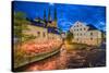 Sweden, Central Sweden, Uppsala, Domkyrka Cathedral with riverfront cafe, dusk-Walter Bibikow-Stretched Canvas