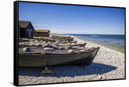 Sweden, Faro Island, Kursviken, coastal farmers fishing boats-Walter Bibikow-Framed Stretched Canvas