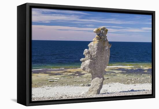 Sweden, Faro Island, Langhammars Area, Langhammar coastal limestone rauk rock-Walter Bibikow-Framed Stretched Canvas