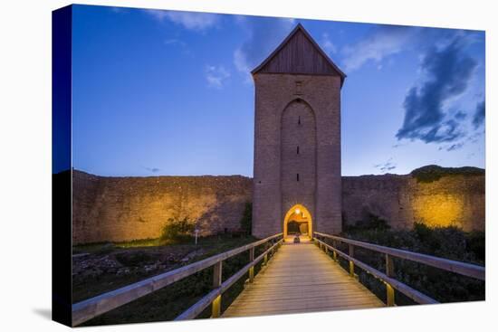 Sweden, Gotland Island, Visby, 12th century city wall, city wall in Osterport Tower, dawn-Walter Bibikow-Stretched Canvas