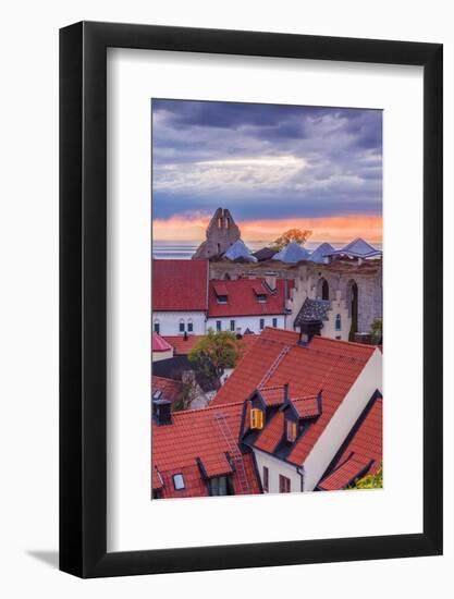 Sweden, Gotland Island, Visby, high angle city view, dusk-Walter Bibikow-Framed Photographic Print