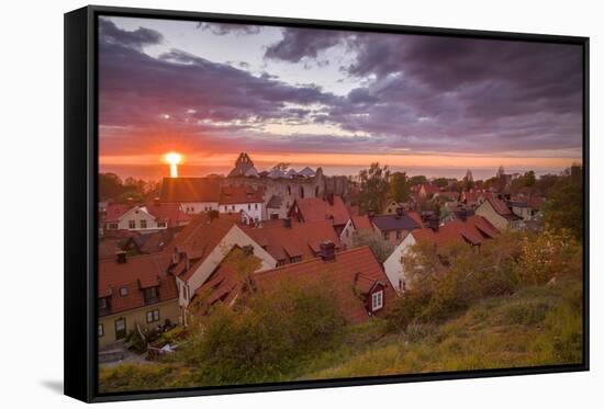 Sweden, Gotland Island, Visby, high angle city view, dusk-Walter Bibikow-Framed Stretched Canvas