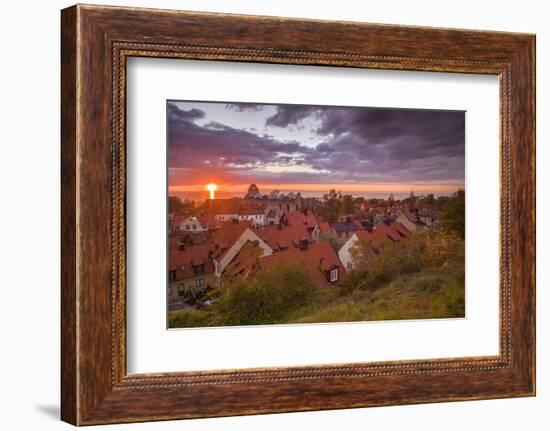 Sweden, Gotland Island, Visby, high angle city view, dusk-Walter Bibikow-Framed Photographic Print