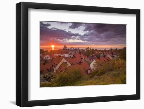 Sweden, Gotland Island, Visby, high angle city view, dusk-Walter Bibikow-Framed Photographic Print