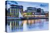 Sweden, Lake Vattern Area, Jonkoping, renovated harbor area along Munksjon Bay, dusk-Walter Bibikow-Stretched Canvas