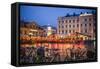 Sweden, Linkoping, cafes and bars on Stora target square, dusk-Walter Bibikow-Framed Stretched Canvas