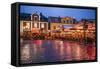 Sweden, Linkoping, cafes and bars on Stora target square, dusk-Walter Bibikow-Framed Stretched Canvas