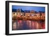 Sweden, Linkoping, cafes and bars on Stora target square, dusk-Walter Bibikow-Framed Photographic Print