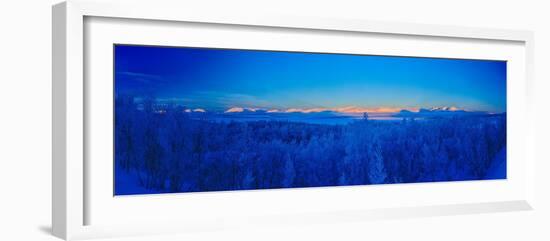 Sweden, Norrbotten, Abisko. Winter light over frosted birch forest and Torne Lake.-Fredrik Norrsell-Framed Photographic Print