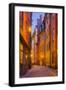 Sweden, Stockholm, Gamla Stan, Old Town, Royal Palace, old town street, dusk-Walter Bibikow-Framed Photographic Print