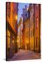 Sweden, Stockholm, Gamla Stan, Old Town, Royal Palace, old town street, dusk-Walter Bibikow-Stretched Canvas