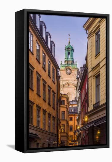 Sweden, Stockholm, Gamla Stan, Old Town, Storkyrkan Cathedral, dusk-Walter Bibikow-Framed Stretched Canvas