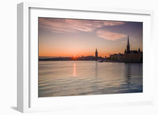 Sweden, Stockholm, Stockholm City Hall and Riddarholmen church, sunset-Walter Bibikow-Framed Photographic Print