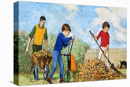 Sweeping Up Autumn Leaves-Clive Uptton-Stretched Canvas