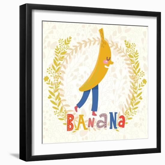 Sweet Banana in Funny Cartoon Style. Healthy Concept Card in Vector. Stunning Tasty Background in B-smilewithjul-Framed Art Print