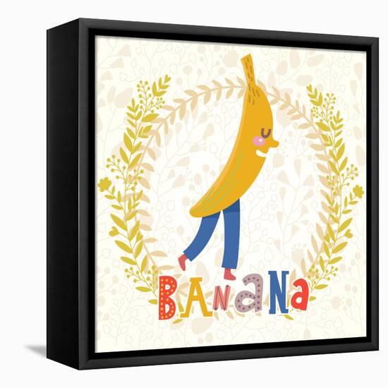 Sweet Banana in Funny Cartoon Style. Healthy Concept Card in Vector. Stunning Tasty Background in B-smilewithjul-Framed Stretched Canvas