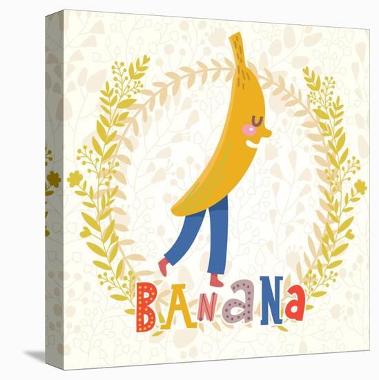 Sweet Banana in Funny Cartoon Style. Healthy Concept Card in Vector. Stunning Tasty Background in B-smilewithjul-Stretched Canvas