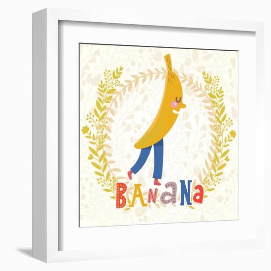 Sweet Banana in Funny Cartoon Style. Healthy Concept Card in Vector. Stunning Tasty Background in B-smilewithjul-Framed Art Print