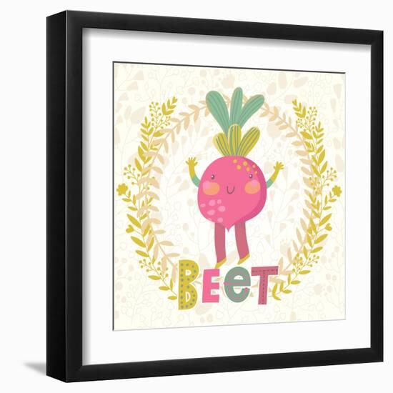 Sweet Beet in Funny Cartoon Style. Healthy Concept Card in Vector. Stunning Tasty Background in Bri-smilewithjul-Framed Art Print