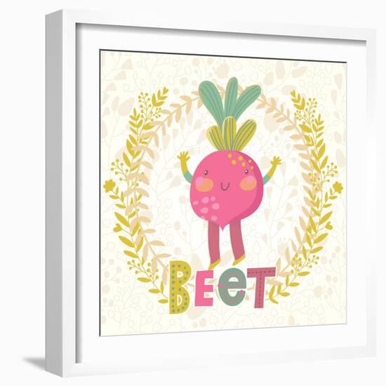 Sweet Beet in Funny Cartoon Style. Healthy Concept Card in Vector. Stunning Tasty Background in Bri-smilewithjul-Framed Art Print