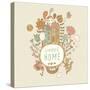 Sweet Home. Concept Vector Background with Houses, Bird, Sun, Car, Dog, Rainbow, Clouds and Flowers-smilewithjul-Stretched Canvas