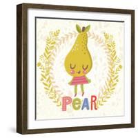 Sweet Pear in Funny Cartoon Style. Healthy Concept Card in Vector. Stunning Tasty Background in Bri-smilewithjul-Framed Art Print