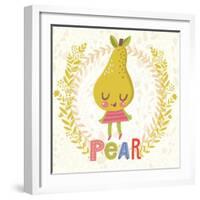 Sweet Pear in Funny Cartoon Style. Healthy Concept Card in Vector. Stunning Tasty Background in Bri-smilewithjul-Framed Art Print