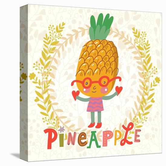 Sweet Pineapple in Funny Cartoon Style. Healthy Concept Card in Vector. Stunning Tasty Background I-smilewithjul-Stretched Canvas