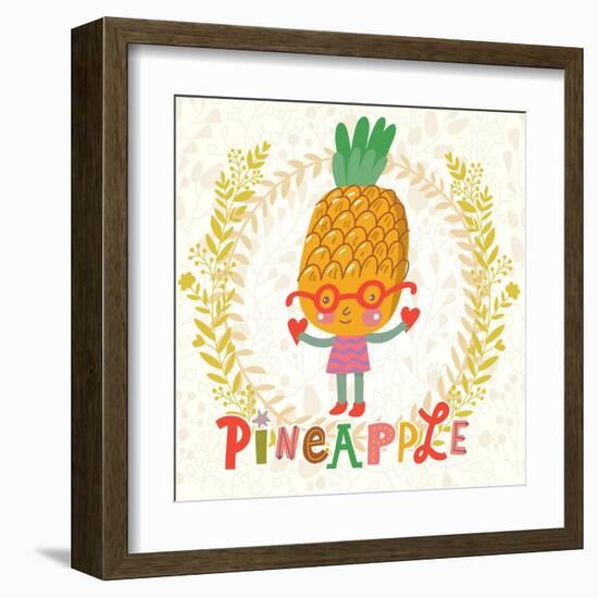 Sweet Pineapple in Funny Cartoon Style. Healthy Concept Card in Vector. Stunning Tasty Background I-smilewithjul-Framed Art Print