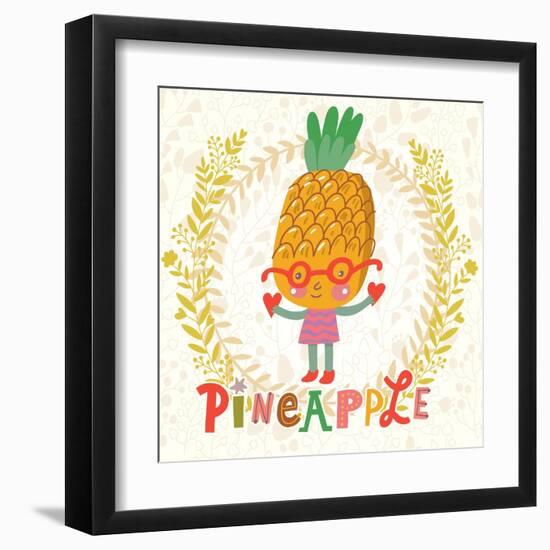 Sweet Pineapple in Funny Cartoon Style. Healthy Concept Card in Vector. Stunning Tasty Background I-smilewithjul-Framed Art Print