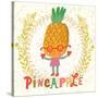 Sweet Pineapple in Funny Cartoon Style. Healthy Concept Card in Vector. Stunning Tasty Background I-smilewithjul-Stretched Canvas