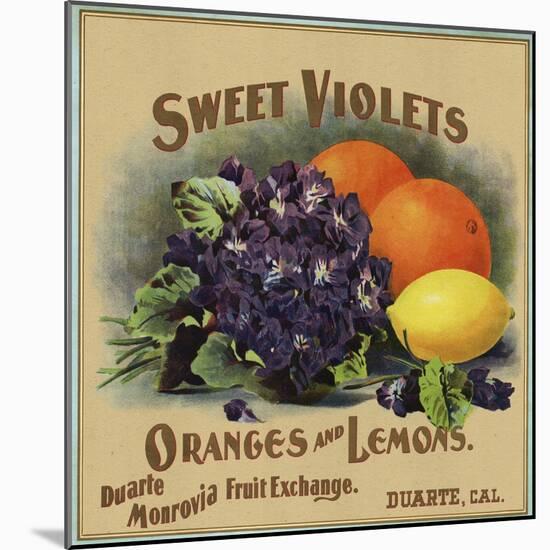 Sweet Violets Brand - Duarte, California - Citrus Crate Label-Lantern Press-Mounted Art Print