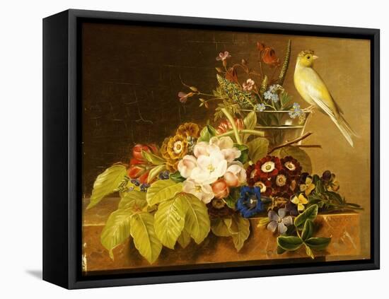 Sweet William, Forget Me Not, Convulvus and a Canary on a Ledge-Johan Laurentz Jensen-Framed Stretched Canvas