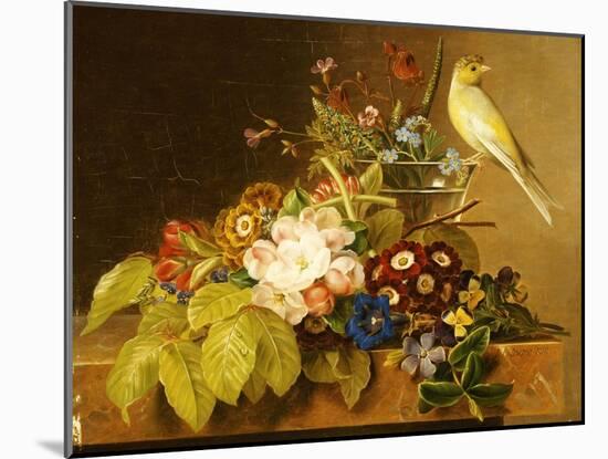 Sweet William, Forget Me Not, Convulvus and a Canary on a Ledge-Johan Laurentz Jensen-Mounted Giclee Print