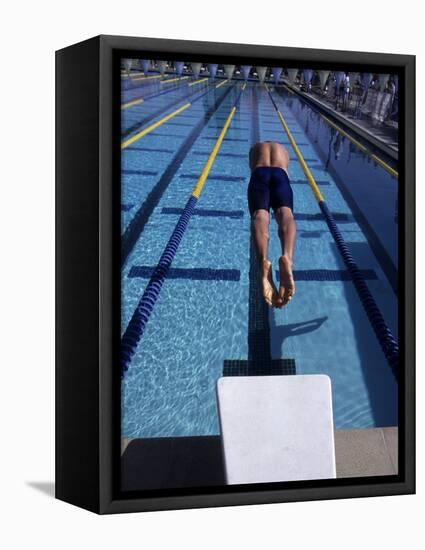 Swimmer Diving Off the Starting Blocks to Begin a Race-Steven Sutton-Framed Stretched Canvas