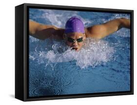 Swimmer in Goggles and Purple Swim Cap-null-Framed Stretched Canvas