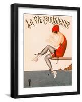 Swimmer on Diving Board, Illustration from La Vie Parisienne , 1920 (Colour Litho).-Georges Leonnec-Framed Premium Giclee Print