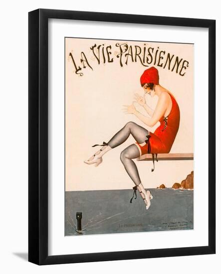 Swimmer on Diving Board, Illustration from La Vie Parisienne , 1920 (Colour Litho).-Georges Leonnec-Framed Premium Giclee Print