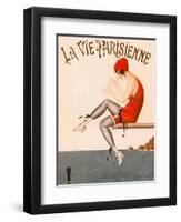 Swimmer on Diving Board, Illustration from La Vie Parisienne , 1920 (Colour Litho).-Georges Leonnec-Framed Giclee Print